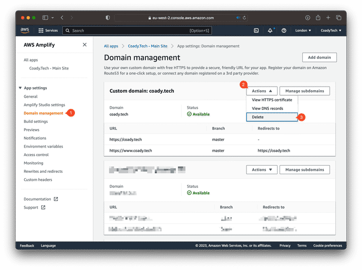 Screenshto of removing a domain from AWS Amplify