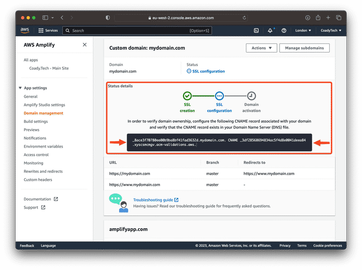 Screenshot of AWS Amplify domain verification CNAME record