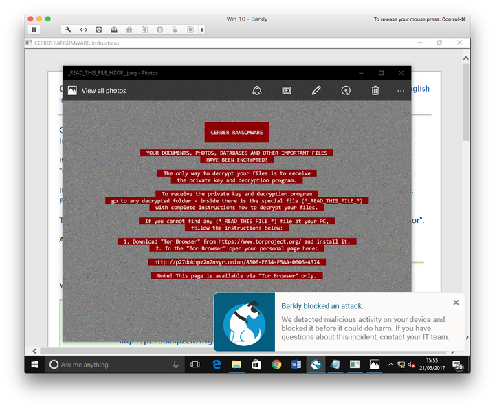BCerber Ransomware running on a Barkly protected machine