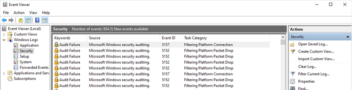 Screenshot of Windows Event Viewer