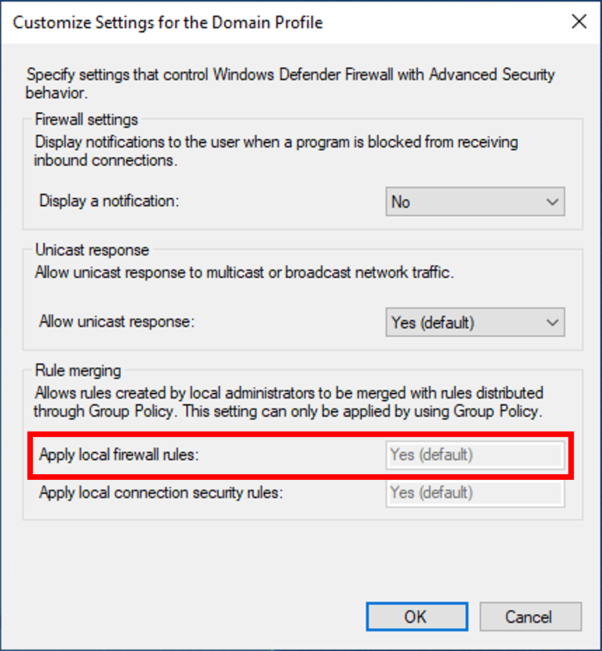 Screenshot of Windows Firewall Configuration