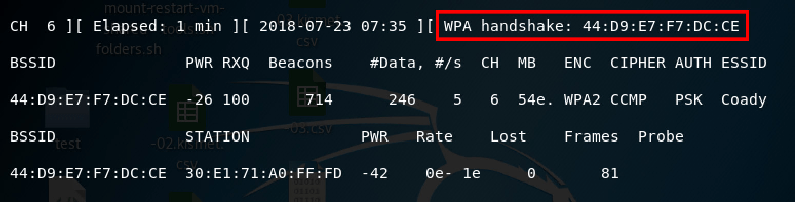 Screenshot of airodump-ng with WPA handshake in Kali Linux