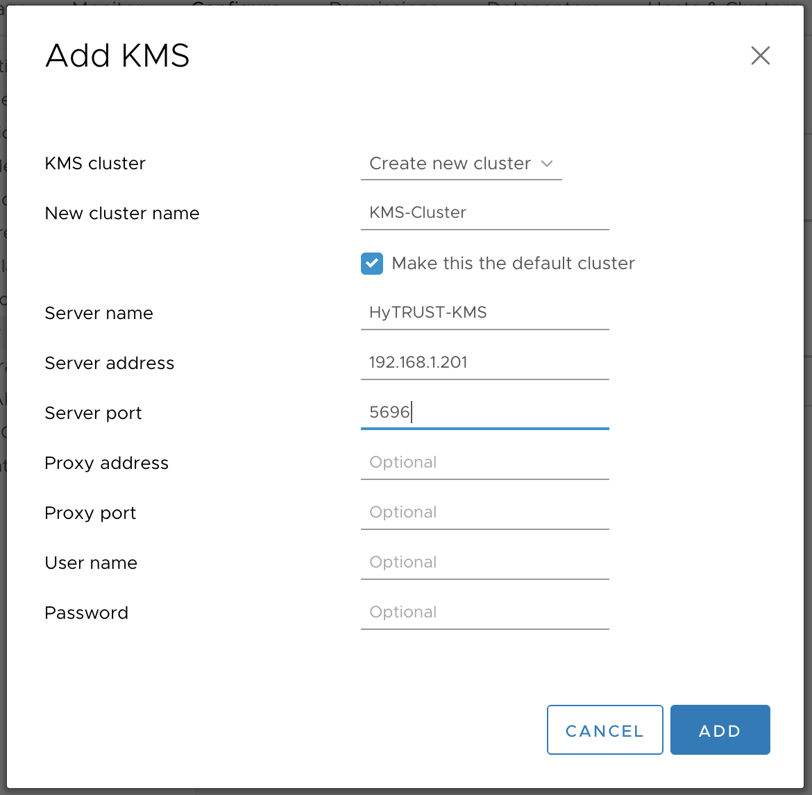 Screenshot of adding a KMS to VMware vCenter