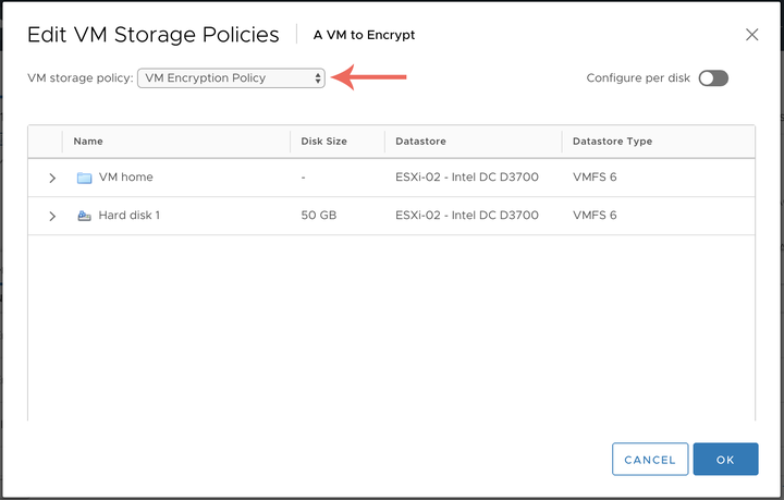 Selecting a VMware VM encryption policy