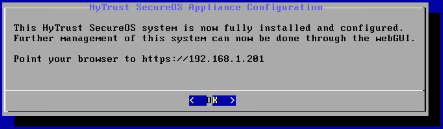 Screenshot of HyTrust KMS appliance IP address