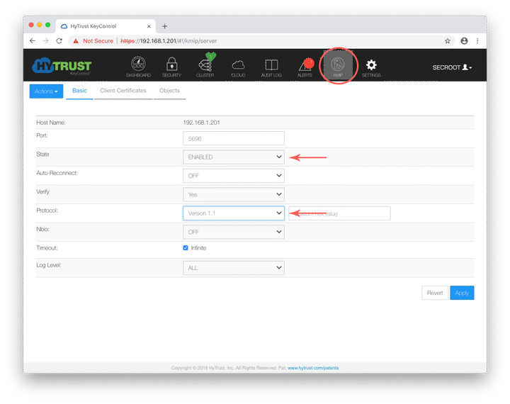 Configuring KMIP on the HyTrust KMS virtual appliance
