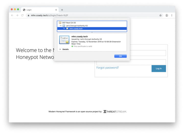 Screenshot of MHN Login with Let's Encrypt Certificate