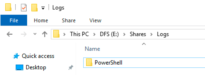 Screenshot of newly created share for logging PowerShell transcripts