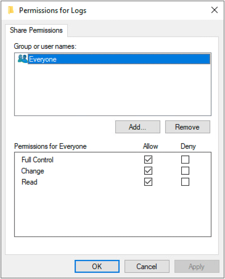 Screenshot of PowerShell logging share NTFS permissions