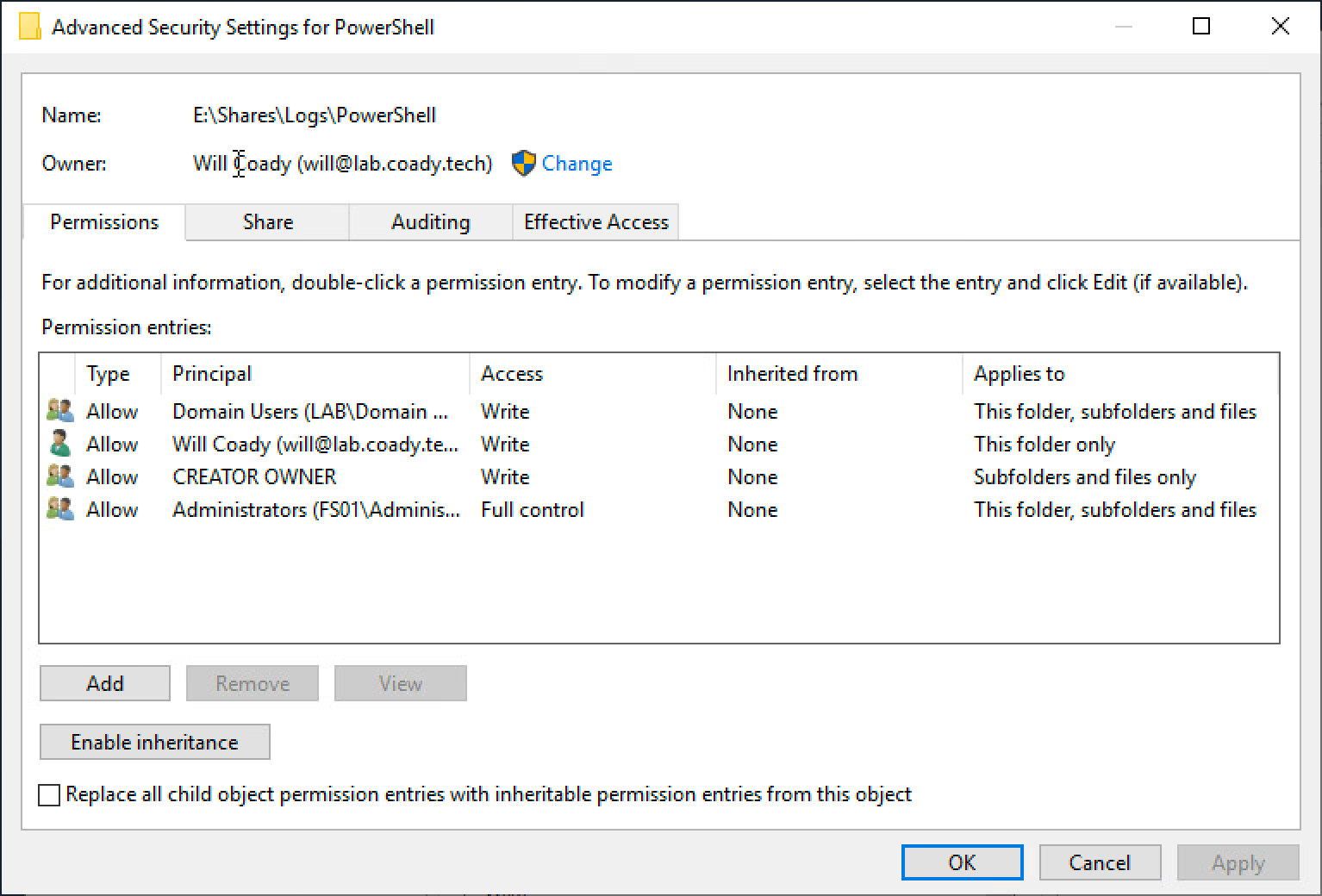 Screenshot of PowerShell logging share advanced NTFS permissions