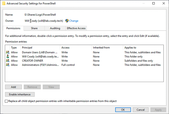 Screenshot of PowerShell logging share advanced NTFS permissions