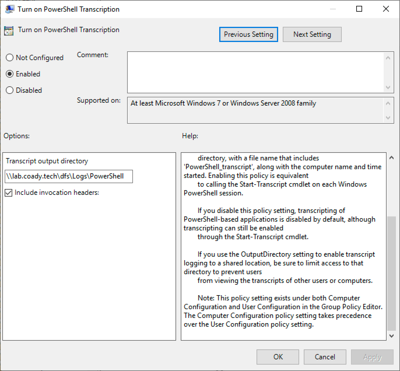 Screenshot of configuring PowerShell Transcript Logging via Group Policy