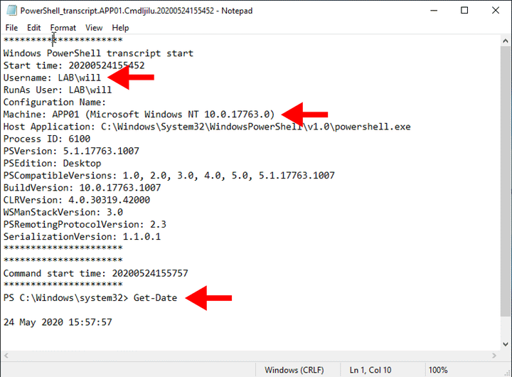 Screenshot of PowerShell Transcript Log file